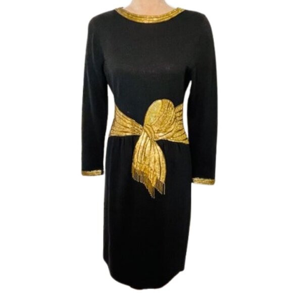 Vintage 80's Don Sayres for Wellmore Wool & Rayon Knit Beaded Sequin Dress 6 - Picture 1 of 7